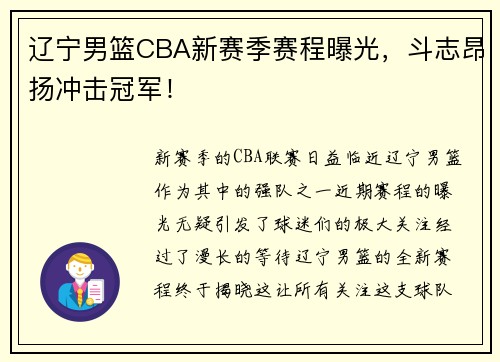 辽宁男篮CBA新赛季赛程曝光，斗志昂扬冲击冠军！
