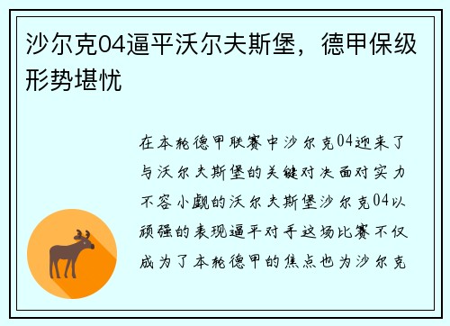 沙尔克04逼平沃尔夫斯堡，德甲保级形势堪忧